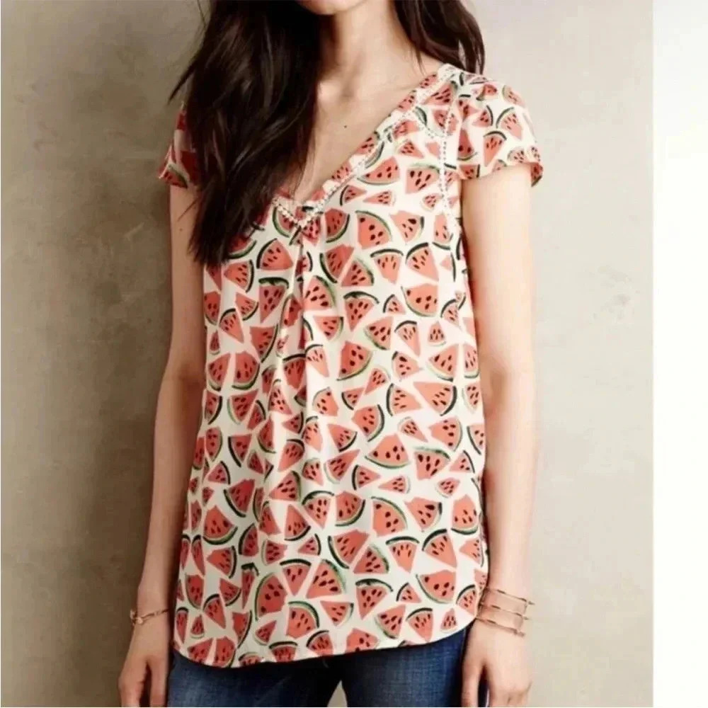 Anthropologie Maeve V-neck Short Sleeve Lightweight Watermelon Print Top Size 4